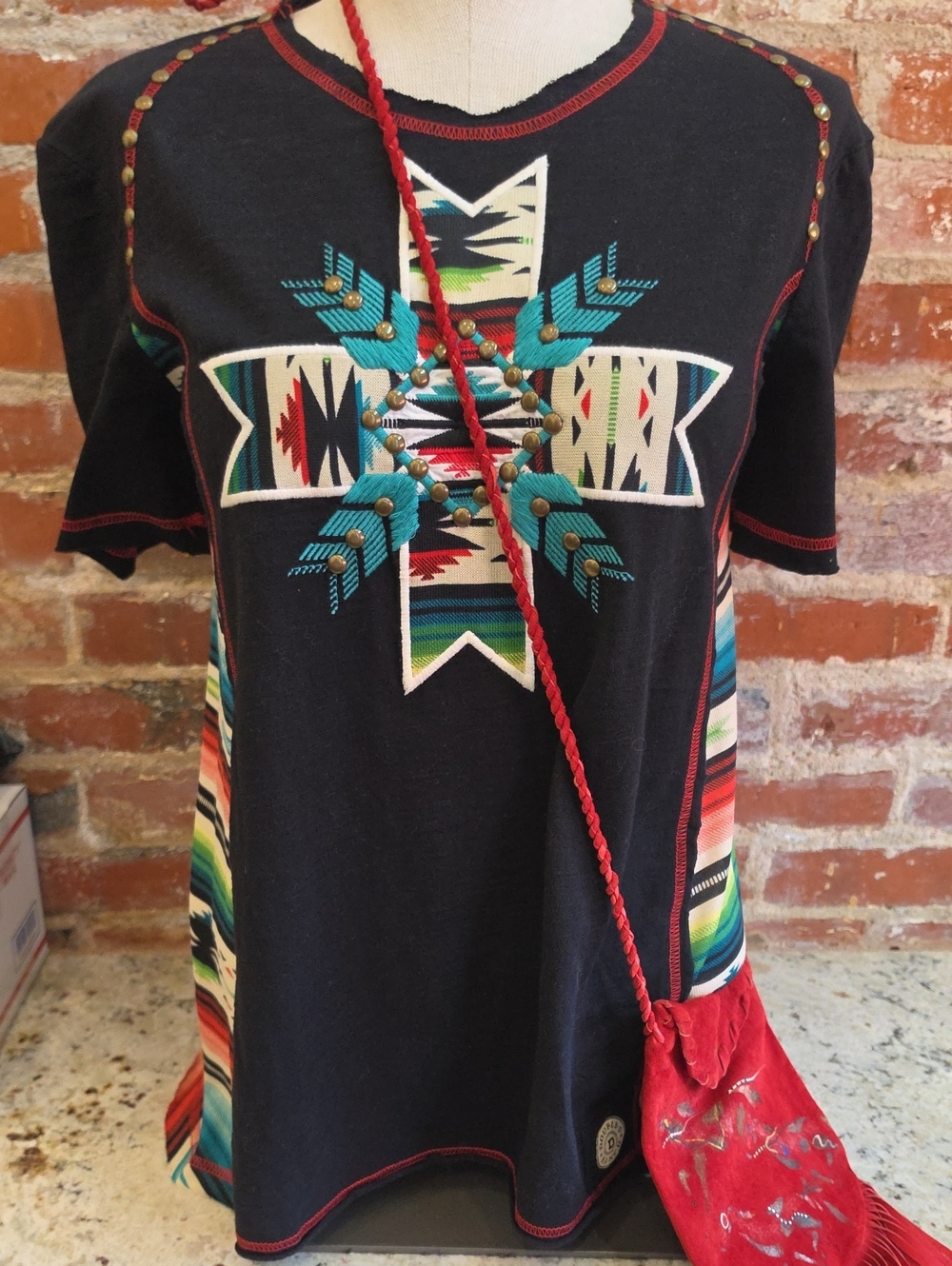 Women's Black Southwestern Embroidered Short-Sleeve Top